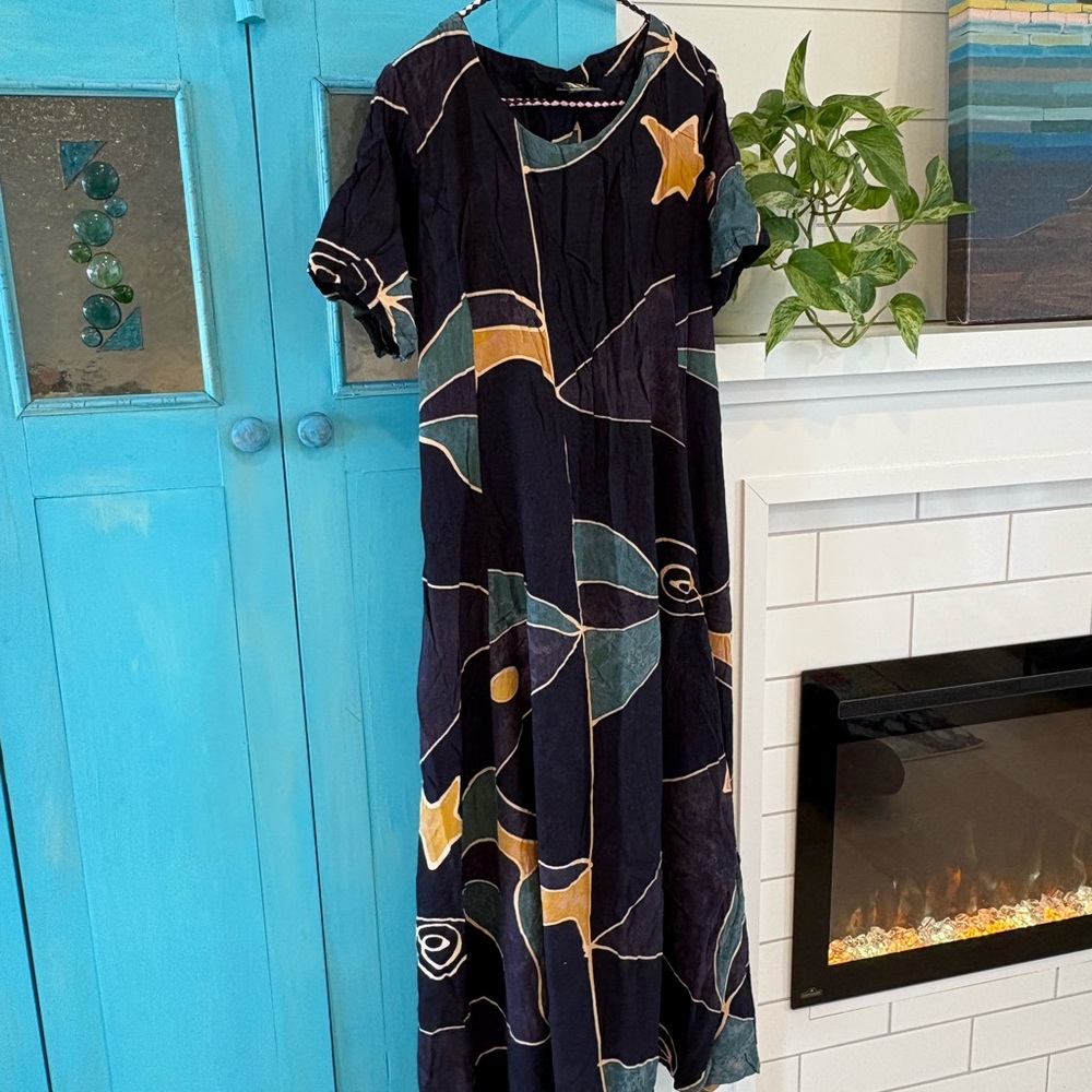 Vintage Navy Maxi Dress with Abstract Design